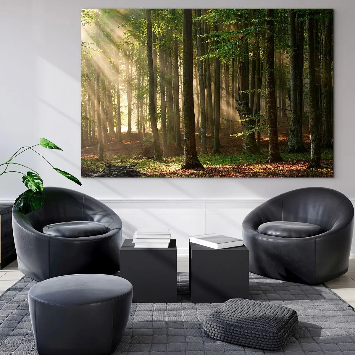 Quadro su vetro - Raggi di sole che brillano attraverso gli alberi nella foresta - 120x80cm - Raggiante in un mattino di primavera - Decorazione murale moderna per soggiorno e camera da letto ARTTOR