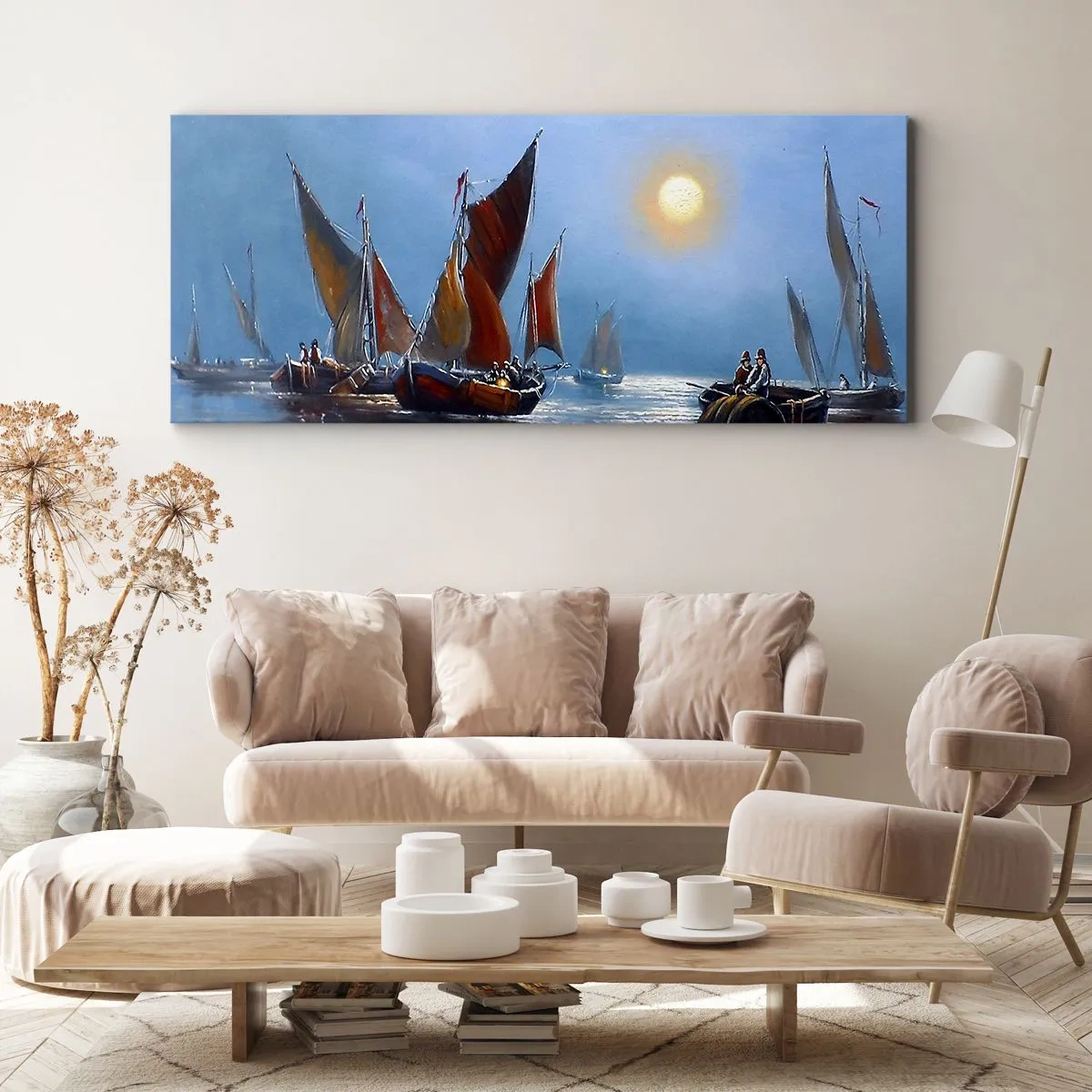 Quadro su tela - Stampe su Tela - Barche con le vele su acque calme al tramonto - 120x50cm - Pesca notturna - Decorazione murale moderna per soggiorno e camera da letto ARTTOR