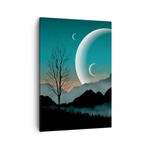 Quadro su tela - Stampe su Tela - Montagne nebbiose con la luna e un albero solitario - 50x70cm - Il carnevale di una notte stellata - Decorazione murale moderna per soggiorno e camera da letto ARTTOR