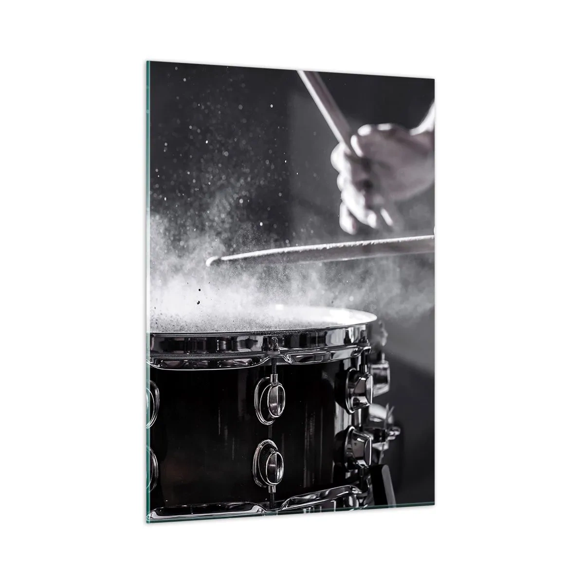 Quadro su vetro - Tamburi in movimento con polvere galleggiante - 50x70cm - Il polso della musica - Decorazione murale moderna per soggiorno e camera da letto ARTTOR