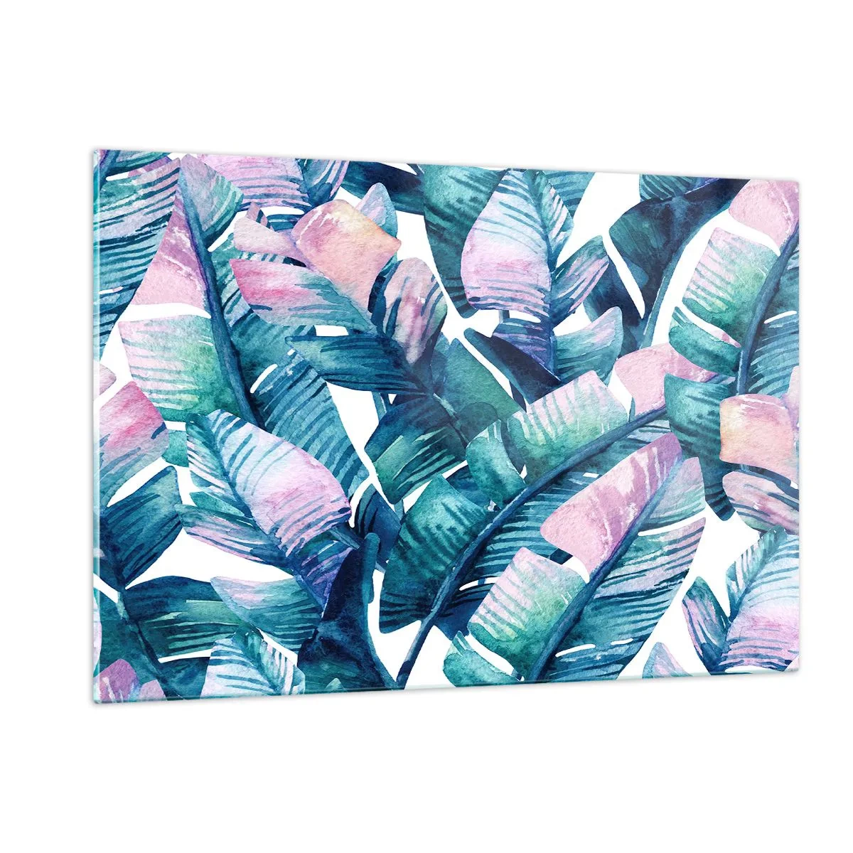 Quadro su vetro - Foglie di banano in tonalità pastello su sfondo bianco - 120x80cm - Nel bananeto - Decorazione murale moderna per soggiorno e camera da letto ARTTOR