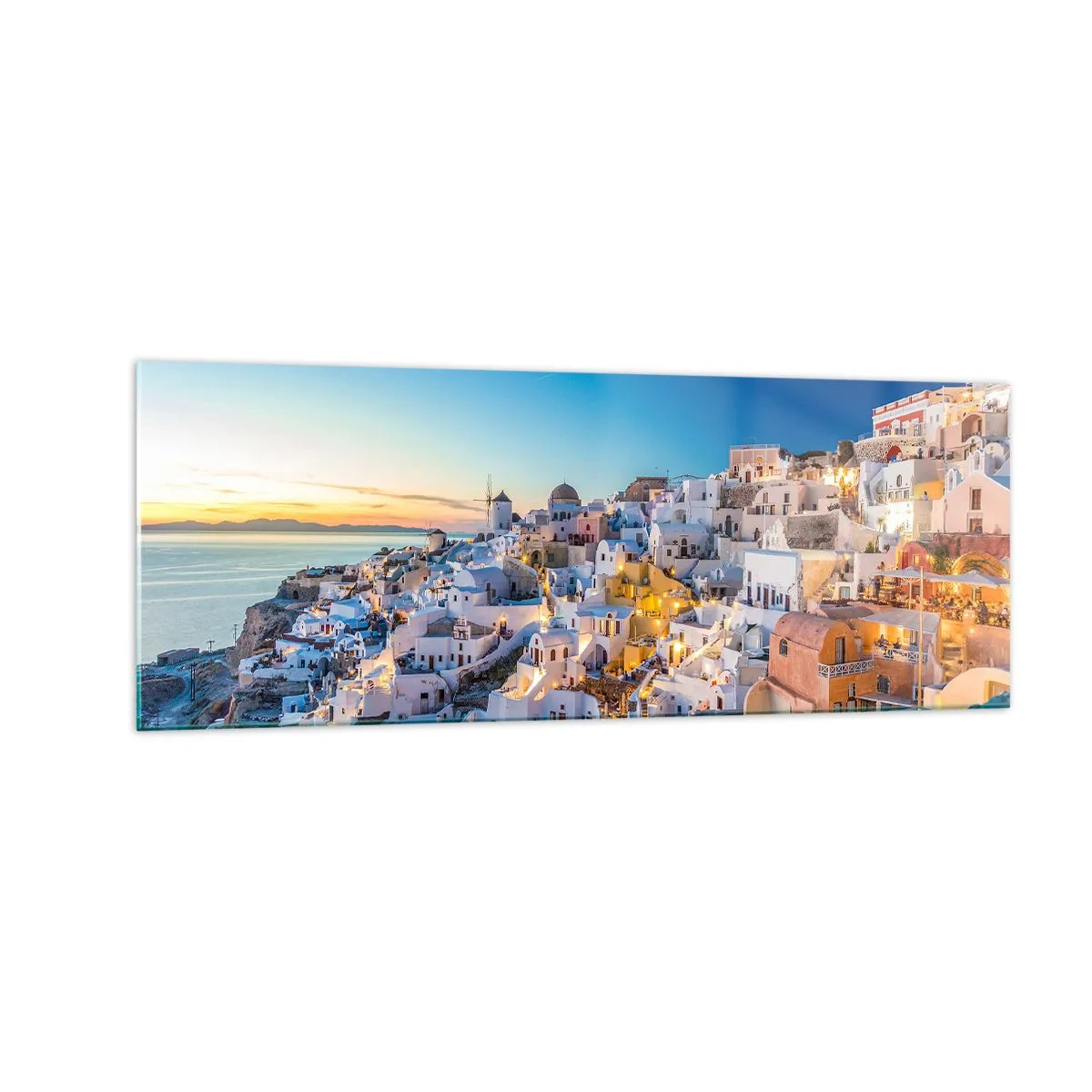 Quadro su vetro - Vista di una città greca al tramonto - 140x50cm - Essenza della grecità - Decorazione murale moderna per soggiorno e camera da letto ARTTOR