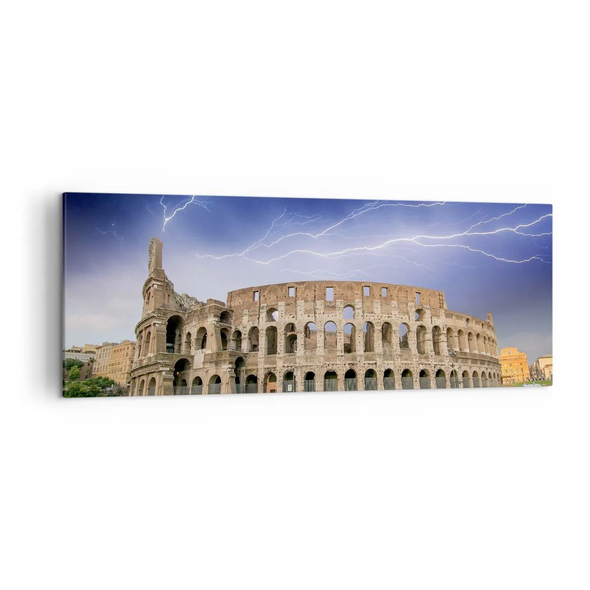 Quadro su tela - Stampe su Tela - Il Colosseo a Roma illuminato dai fulmini - 140x50cm - Arena di combattimenti - Decorazione murale moderna per soggiorno e camera da letto ARTTOR