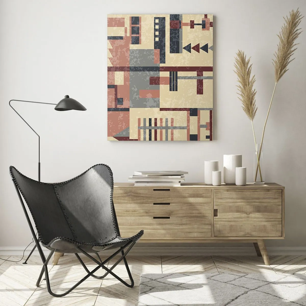 Quadro su vetro - Motivo geometrico nei toni pastello del beige, rosso e grigio - 70x100cm - Combinazione di orizzontali e verticali - Decorazione murale moderna per soggiorno e camera da letto ARTTOR