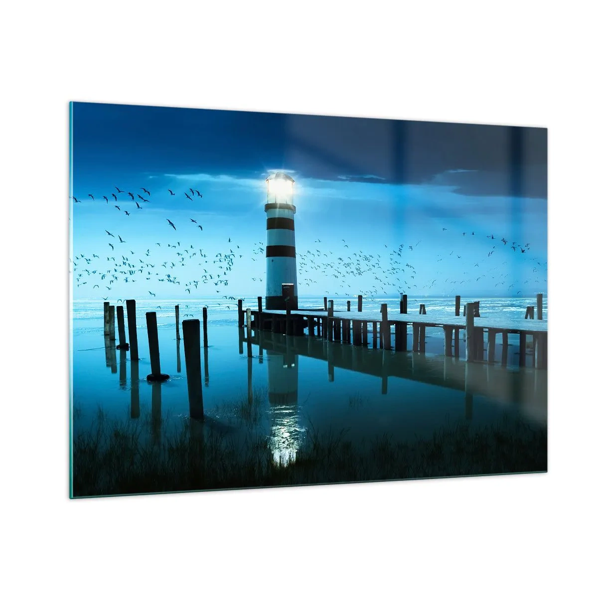 Quadro su vetro - Un faro circondato da acque calme e uccelli - 100x70cm - E passa la paura del buio - Decorazione murale moderna per soggiorno e camera da letto ARTTOR