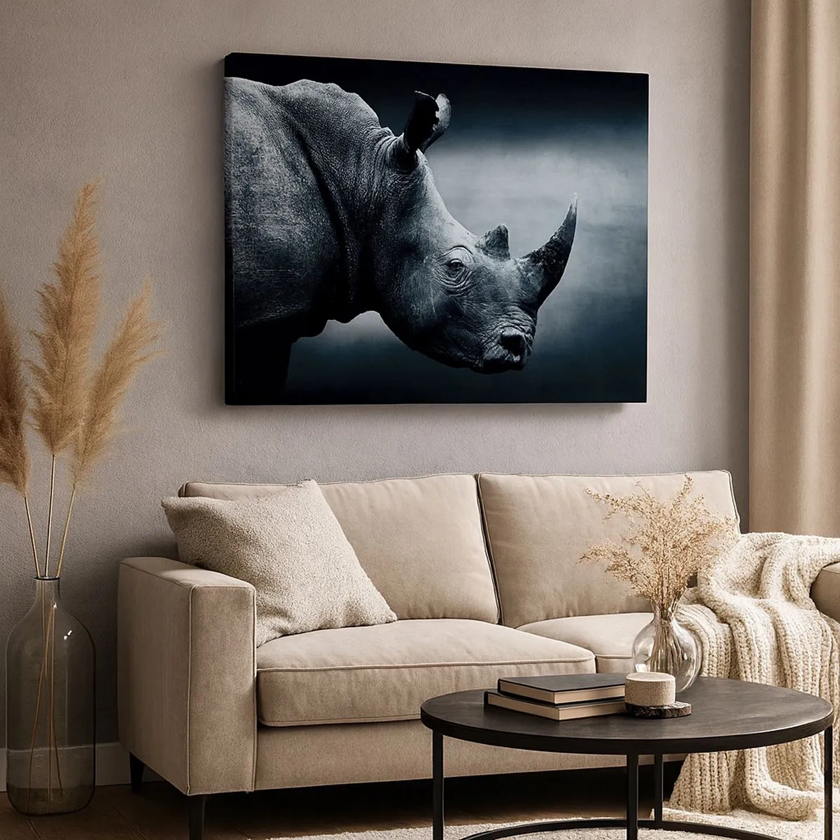 Quadro su tela - Stampe su Tela - Ritratto in bianco e nero di un rinoceronte su sfondo scuro - 70x50cm - Profilo destro - Decorazione murale moderna per soggiorno e camera da letto ARTTOR