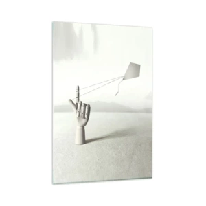 Quadro su vetro - Una mano di legno minimalista con un aquilone su uno sfondo paesaggistico. - 80x120cm - Prova di forza - Decorazione murale moderna per soggiorno e camera da letto ARTTOR