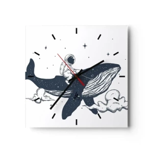 Orologio da parete - Orologio in Vetro - Astronauta su una balena che galleggia nello spazio - 30x30cm - Avventura nello spazio - Decorazione murale moderna per soggiorno e camera da letto ARTTOR