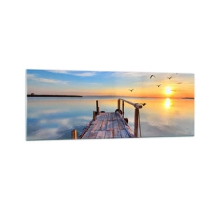 Quadro su vetro - Molo di legno al tramonto su un lago calmo - 140x50cm - Camminando verso il sole - Decorazione murale moderna per soggiorno e camera da letto ARTTOR