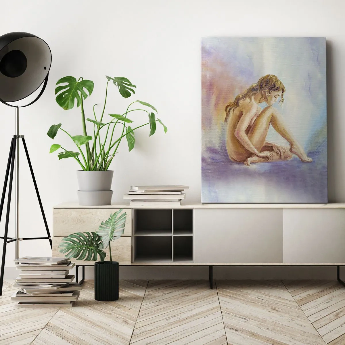 Quadro su tela - Stampe su Tela - Una delicata figura di donna su uno sfondo pastello - 70x100cm - Nudo di giovane - Decorazione murale moderna per soggiorno e camera da letto ARTTOR