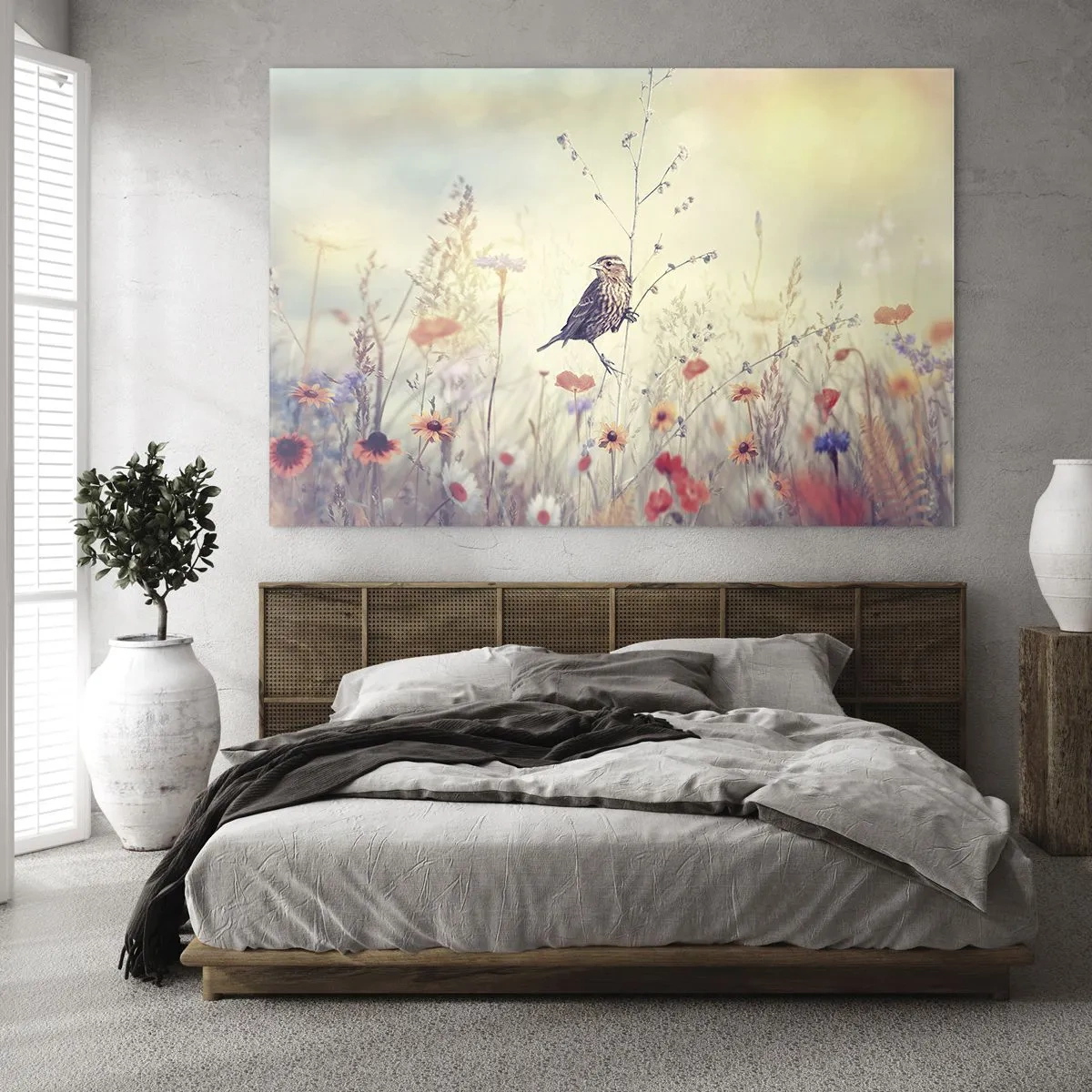 Quadro su vetro - Un uccello in un prato fiorito al sole - 120x80cm - Ritratto d'uccello con prato di sfondo - Decorazione murale moderna per soggiorno e camera da letto ARTTOR
