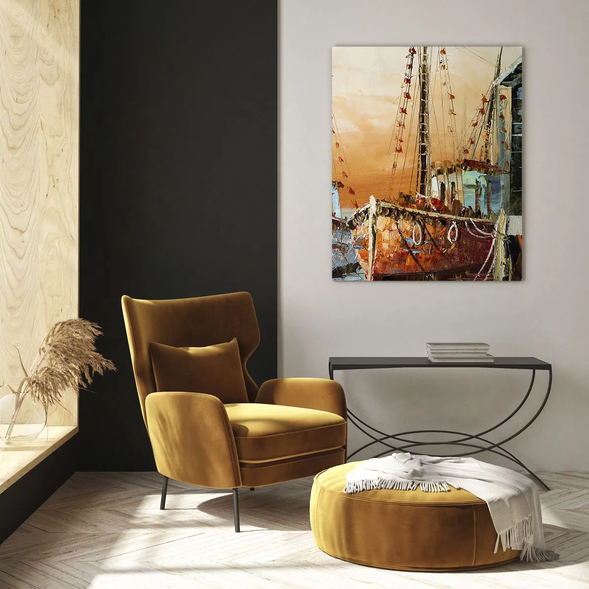 Quadro su vetro - Barche sulla riva nella calda luce del tramonto - 70x100cm - Ritorno tranquillo - Decorazione murale moderna per soggiorno e camera da letto ARTTOR