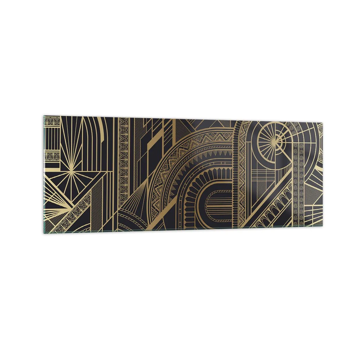 Quadro su vetro - Motivi geometrici dorati su sfondo nero in stile Art Déco - 140x50cm - Concetti, idee, progetti - Decorazione murale moderna per soggiorno e camera da letto ARTTOR