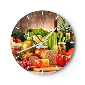 Orologio da parete - Orologio in Vetro - Vari prodotti alimentari su uno sfondo di legno - 30x30cm - Affumicati, arrostiti, marinati - Decorazione murale moderna per soggiorno, cucina e camera da letto ARTTOR
