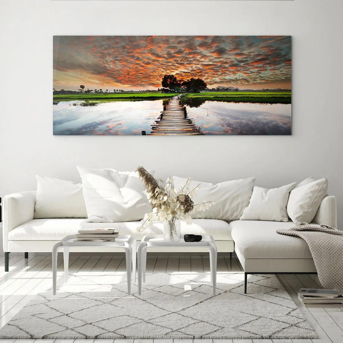 Quadro su vetro - Ponte di legno sull'acqua al tramonto - 140x50cm - Allarga le braccia, respira  - Decorazione murale moderna per soggiorno e camera da letto ARTTOR