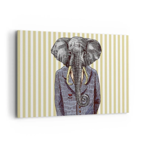 Quadro su tela - Stampe su Tela - Un elefante in abito su uno sfondo di strisce beige - 100x70cm - Elegante di natura - Decorazione murale moderna per soggiorno e camera da letto ARTTOR