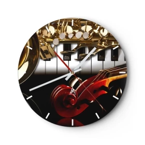 Orologio da parete - Orologio in Vetro - Una composizione di strumenti musicali sullo sfondo di una tastiera - 30x30cm - Metallo, legno e avorio - Decorazione murale moderna per soggiorno, cucina e camera da letto ARTTOR