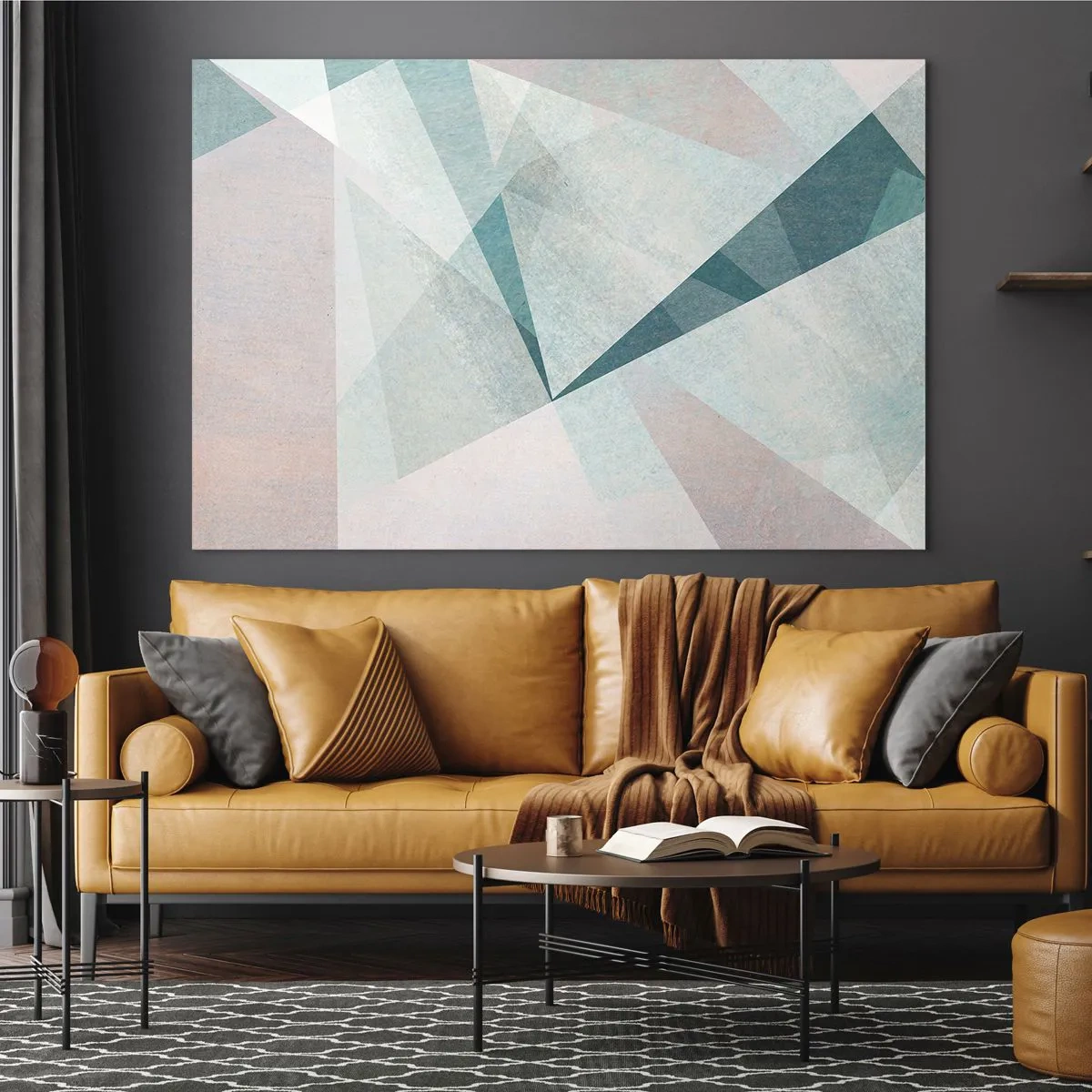 Quadro su vetro - Forme geometriche in tonalità pastello di verde e blu - 120x80cm - Con calma ma dinamicamente - Decorazione murale moderna per soggiorno e camera da letto ARTTOR