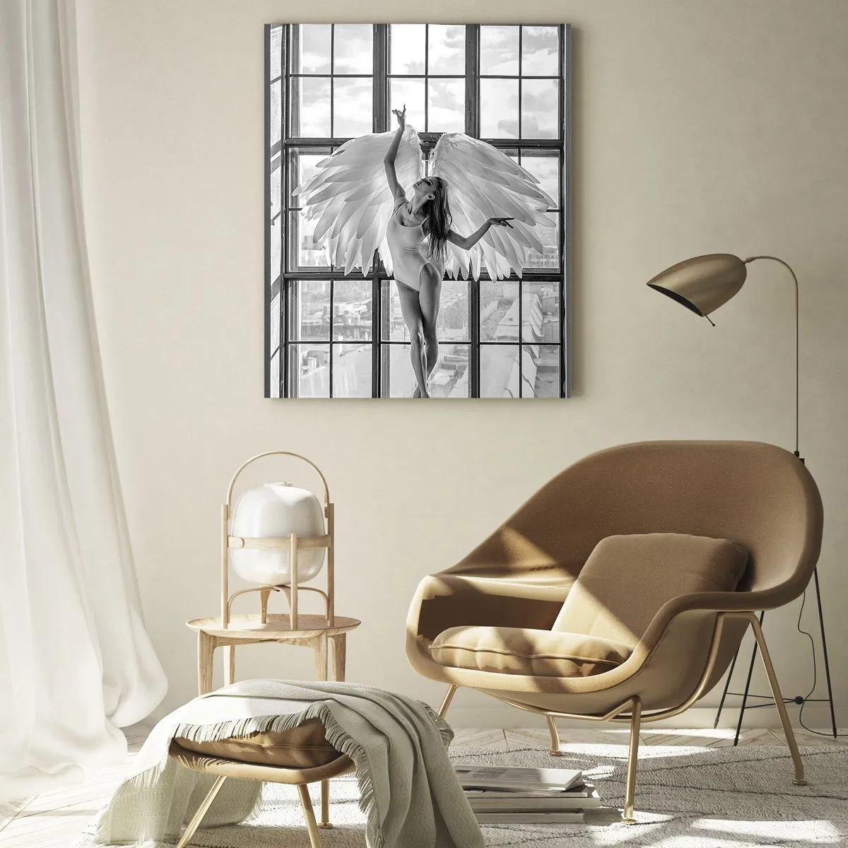 Quadro su vetro - Ballerina con ali d'angelo in bianco e nero - 50x70cm - Città degli angeli? - Decorazione murale moderna per soggiorno e camera da letto ARTTOR