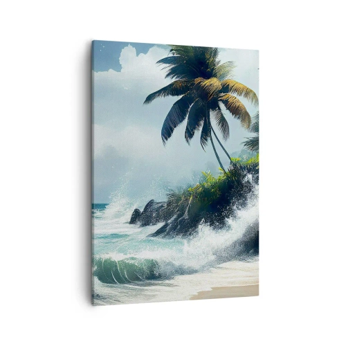 Quadro su tela - Stampe su Tela - Costa tropicale con palme e mare agitato - 50x70cm - Sulla riva tropicale - Decorazione murale moderna per soggiorno e camera da letto ARTTOR