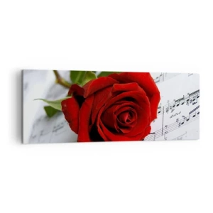 Quadro su tela - Stampe su Tela - Una rosa rossa su uno sfondo di note musicali su carta bianca. - 140x50cm - La musica dei sentimenti in scarlatto - Decorazione murale moderna per soggiorno e camera da letto ARTTOR