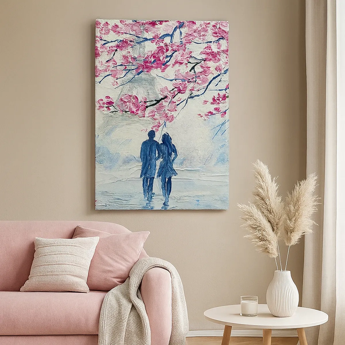 Quadro su tela - Stampe su Tela - Una coppia sotto alberi rosa in fiore in un ambiente romantico - 50x70cm - Passeggiata romantica - Decorazione murale moderna per soggiorno e camera da letto ARTTOR