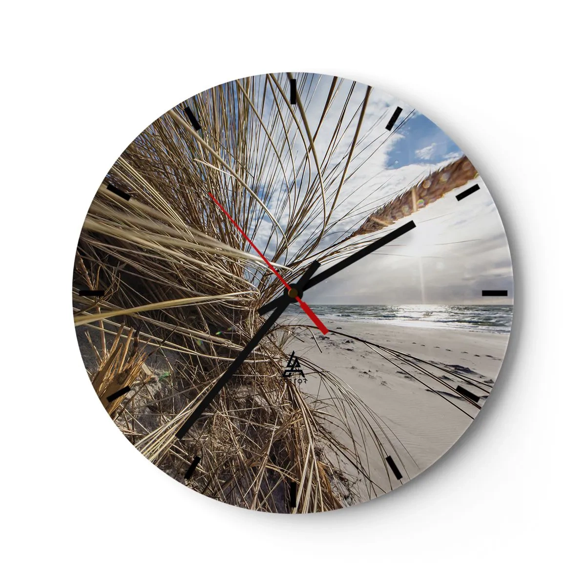 Orologio da parete - Orologio in Vetro - Paesaggio di spiaggia con vista sul mare attraverso l'erba - 30x30cm - L'incontro degli elementi - Decorazione murale moderna per soggiorno, cucina e camera da letto ARTTOR