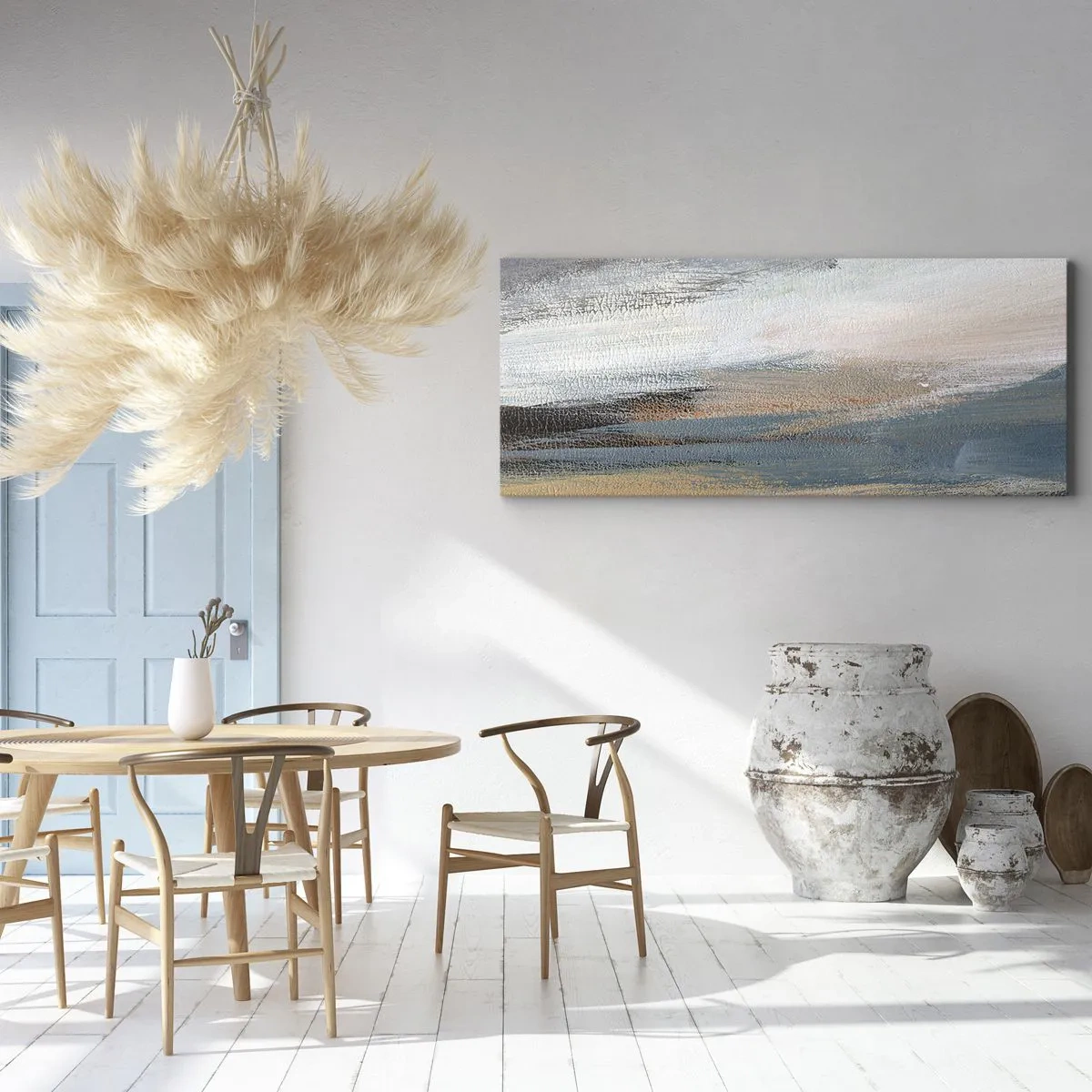 Quadro su tela - Stampe su Tela - Paesaggio astratto in tenui tonalità di blu e beige - 140x50cm - Astrazione: paesaggio del nord - Decorazione murale moderna per soggiorno e camera da letto ARTTOR