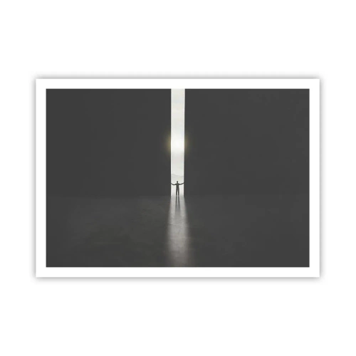 Poster - Un uomo in piedi alla luce di una stretta fessura in uno spazio buio - 100x70cm - Un passo verso un chiaro futuro - Decorazione murale moderna per soggiorno e camera da letto ARTTOR