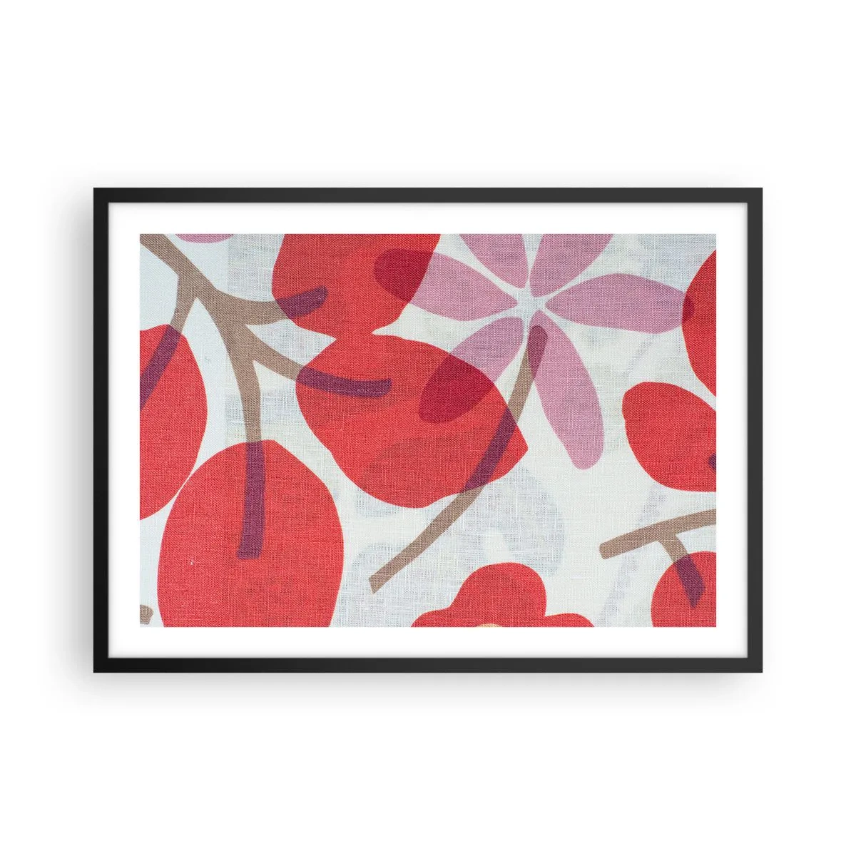Poster in cornice nera - Fiori e foglie nelle tonalità del rosso e del rosa - 70x50cm - Composizione di fiori in rosa - Decorazione murale moderna per soggiorno e camera da letto ARTTOR
