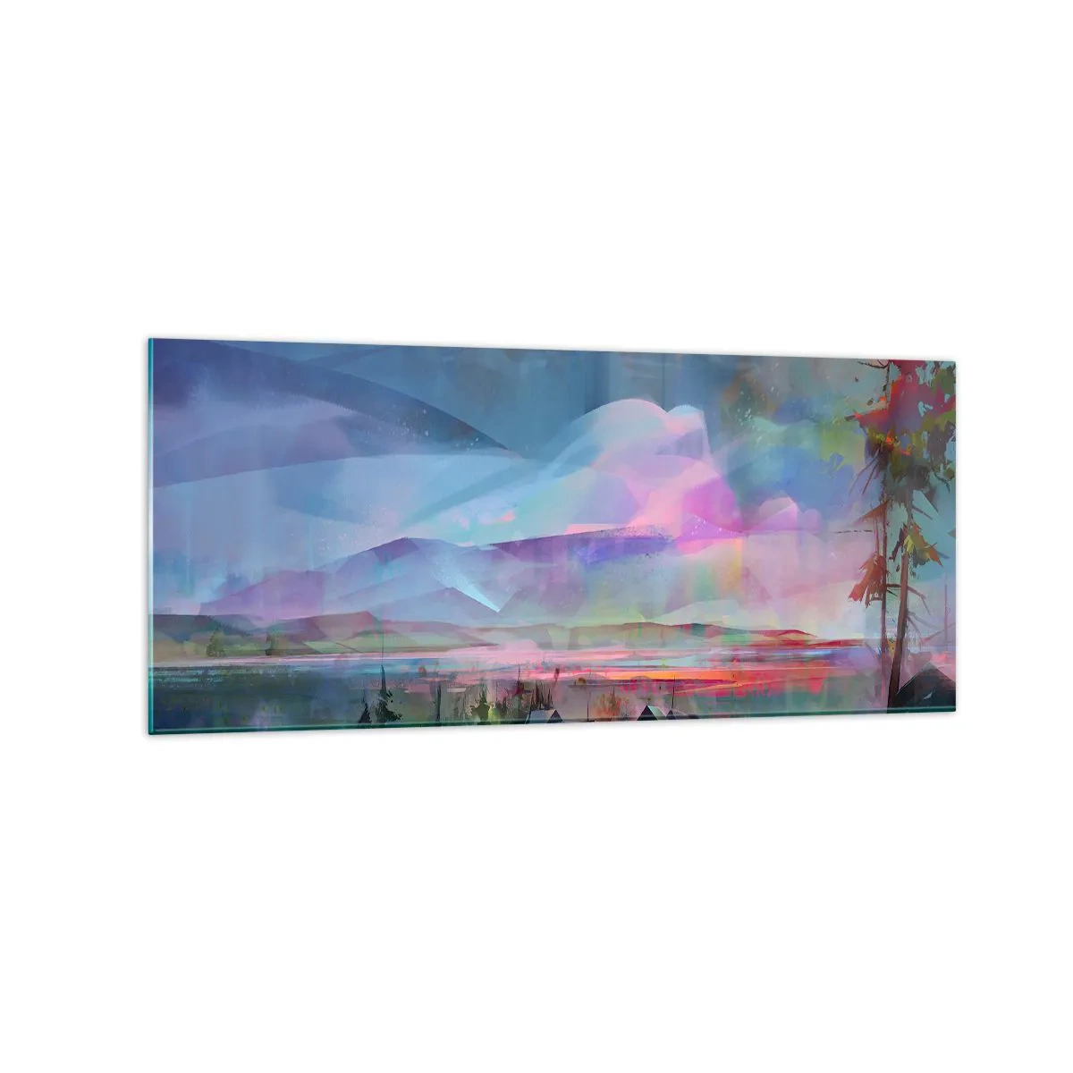 Quadro su vetro - Paesaggio montano con cielo colorato e villaggio - 120x50cm - Sotto un cielo benevolo - Decorazione murale moderna per soggiorno e camera da letto ARTTOR