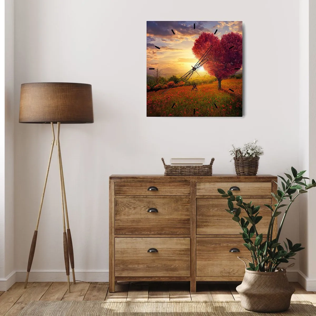 Orologio da parete - Orologio in Vetro - Albero a forma di cuore al tramonto - 30x30cm - Ti prende al cuore - Decorazione murale moderna per soggiorno e camera da letto ARTTOR