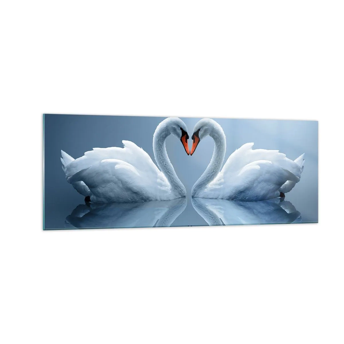 Quadro su vetro - Due cigni formano un cuore su una superficie calma dell'acqua - 140x50cm - Il tempo dell'amore - Decorazione murale moderna per soggiorno e camera da letto ARTTOR