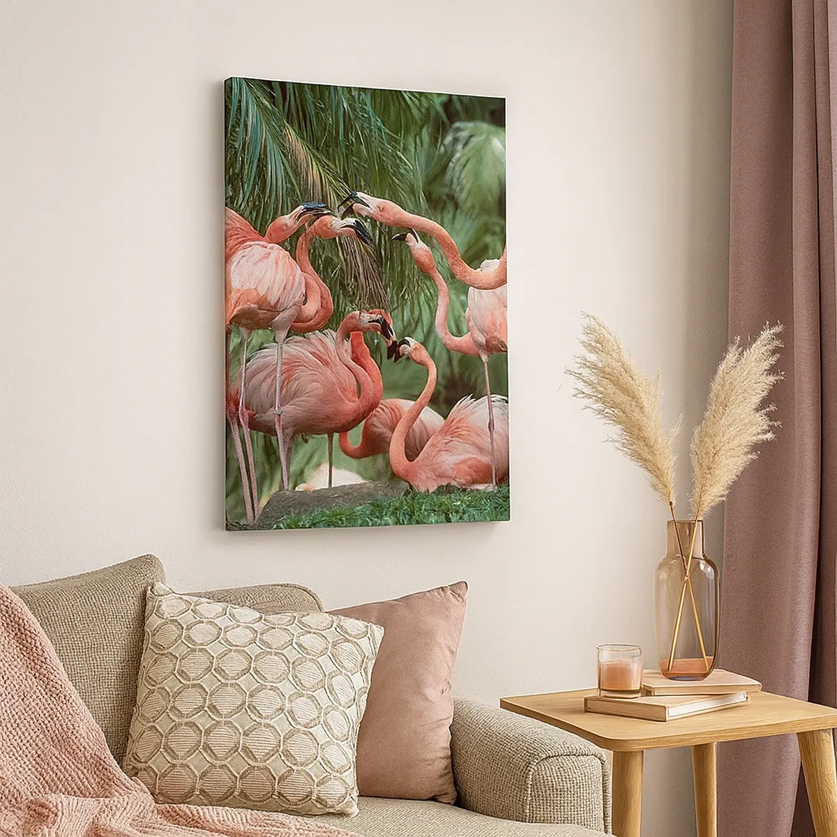 Quadro su tela - Stampe su Tela - Un gruppo di fenicotteri in un ambiente tropicale circondato da palme - 50x70cm - Pettegolezzi pomeridiani - Decorazione murale moderna per soggiorno e camera da letto ARTTOR