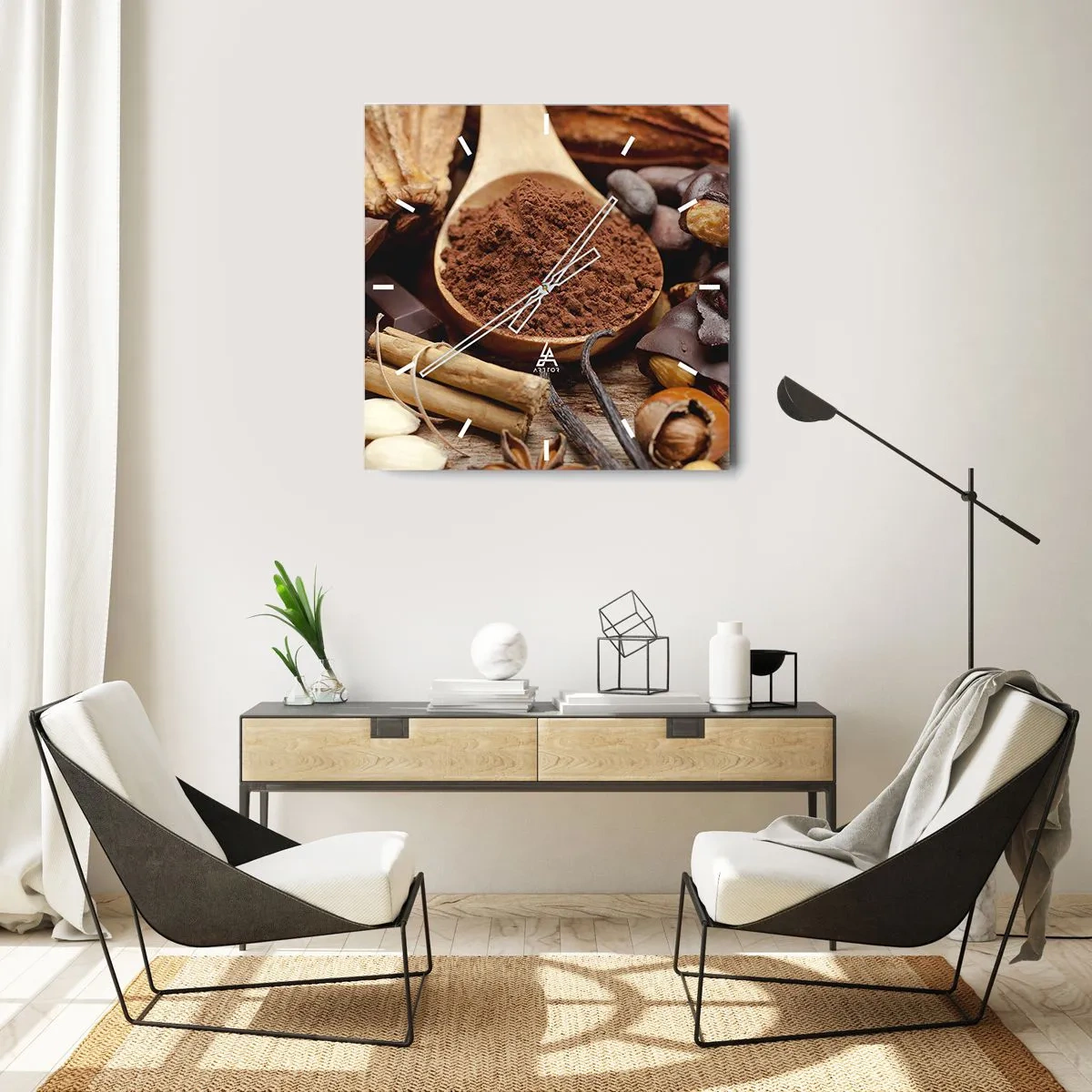 Orologio da parete - Orologio in Vetro - Un cucchiaio di cacao e ingredienti al cioccolato in una disposizione rustica - 30x30cm - Ideale per i momenti di tristezza - Decorazione murale moderna per soggiorno e camera da letto ARTTOR