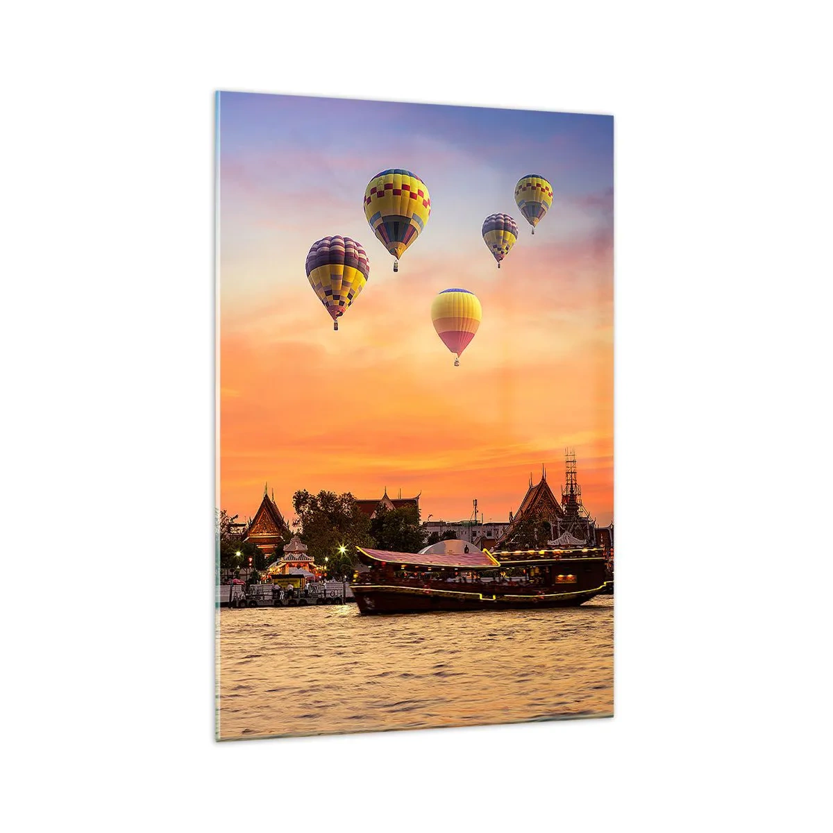 Quadro su vetro - Un tempio e palloncini sullo sfondo del sole al tramonto sul fiume - 70x100cm - Qui nascono le favole - Decorazione murale moderna per soggiorno e camera da letto ARTTOR