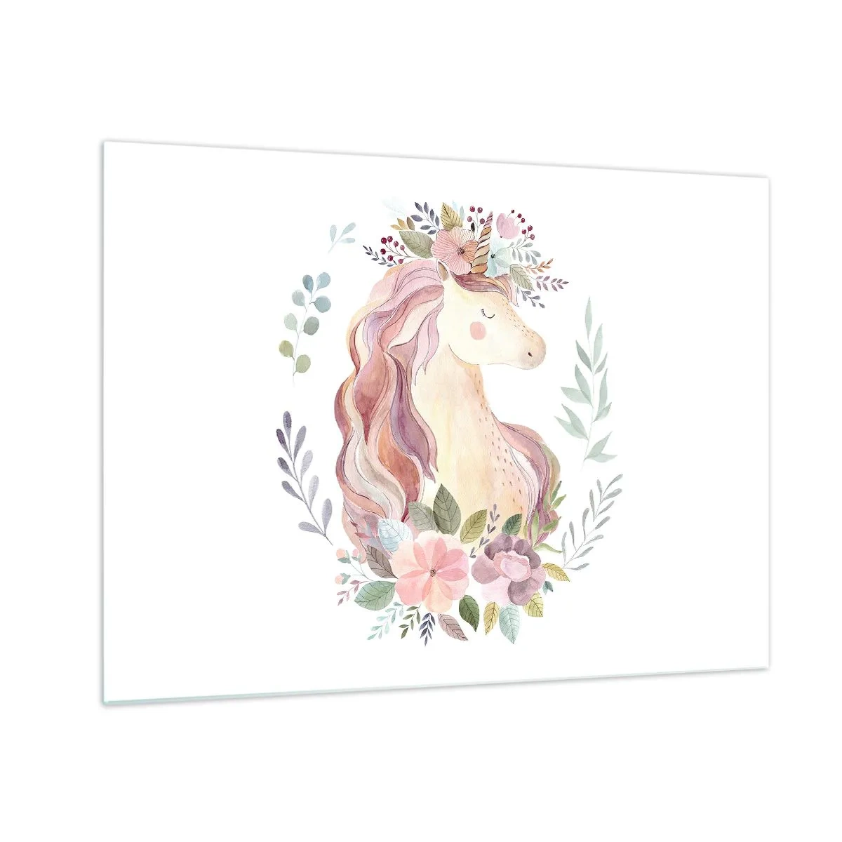 Quadro su vetro - Un unicorno dei cartoni animati con una criniera di fiori pastello - 70x50cm - Invito nel mondo delle favole - Decorazione murale moderna per soggiorno e camera da letto ARTTOR