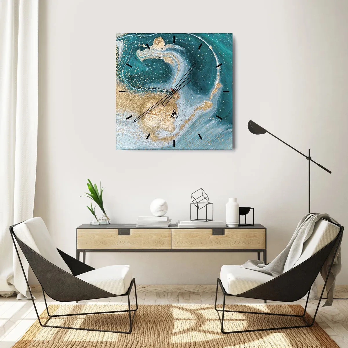 Orologio da parete - Orologio in Vetro - Vortice astratto nei toni del turchese e dell'oro - 30x30cm - Vortice di oro e turchese - Decorazione murale moderna per soggiorno e camera da letto ARTTOR