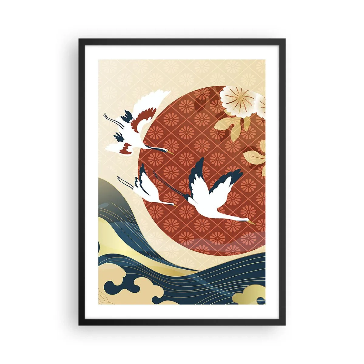 Poster in cornice nera - Composizione giapponese con gru, onde e un cerchio rosso - 50x70cm - Favola giapponese - Decorazione murale moderna per soggiorno e camera da letto ARTTOR