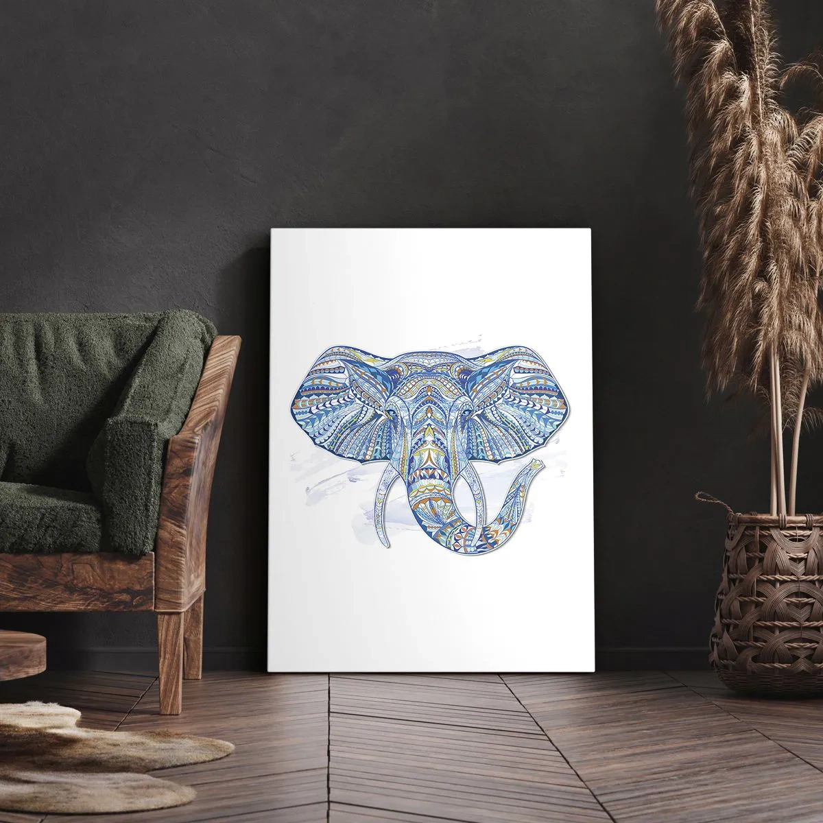 Quadro su tela - Stampe su Tela - Elefante geometrico nei toni del blu e dell'oro - 50x70cm - Intarsiato con oro e blu - Decorazione murale moderna per soggiorno e camera da letto ARTTOR