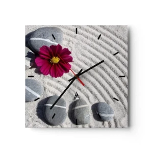 Orologio da parete - Orologio in Vetro - Pietre e un fiore rosa sulla sabbia in stile zen - 30x30cm - Energia e pace nel cerchio magico della natura - Decorazione murale moderna per soggiorno e camera da letto ARTTOR