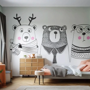 Fotomurali Premium Sand - Tre orsi divertenti in stile minimalista - 100x70cm - Orso, orsetto e orsino - Decorazione murale moderna per soggiorno e camera da letto ARTTOR