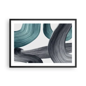 Poster in cornice nera - Linee astratte fluide nelle tonalità del verde e del grigio - 70x50cm - Tracce smeraldo e nero - Decorazione murale moderna per soggiorno e camera da letto ARTTOR