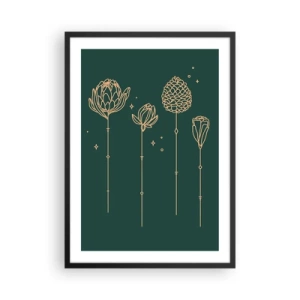 Poster in cornice nera - Contorni dorati di fiori su uno sfondo verde scuro - 50x70cm - La famiglia delle erbe - Decorazione murale moderna per soggiorno e camera da letto ARTTOR
