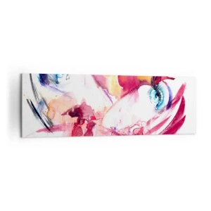 Quadro su tela - Stampe su Tela - Un volto astratto con occhi espressivi e accenti rossi. - 160x50cm - Insieme il mondo fiorisce - Decorazione murale moderna per soggiorno e camera da letto ARTTOR