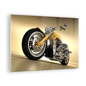Quadro su vetro - Una motocicletta personalizzata dorata su uno sfondo chiaro - 70x50cm - Sogno di forza e di velocità - Decorazione murale moderna per soggiorno e camera da letto ARTTOR