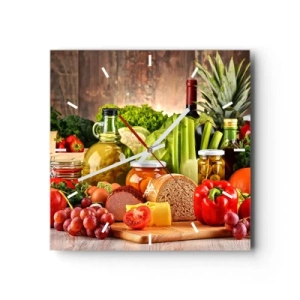 Orologio da parete - Orologio in Vetro - Frutta, verdura e prodotti alimentari colorati - 30x30cm - Affumicati, arrostiti, marinati - Decorazione murale moderna per soggiorno e camera da letto ARTTOR