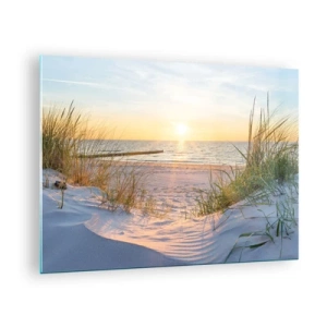 Quadro su vetro - Spiaggia al tramonto con vista sul mare e sulle dune - 70x50cm - Rumore del mare, uccelli che cantano, spiaggia selvatica tra i cespugli... - Decorazione murale moderna per soggiorno e camera da letto ARTTOR