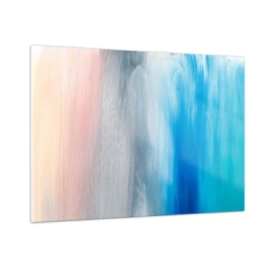 Quadro su vetro - Striature verticali di colori pastello e blu in stile astratto. - 100x70cm - Gli elementi: l'aria - Decorazione murale moderna per soggiorno e camera da letto ARTTOR
