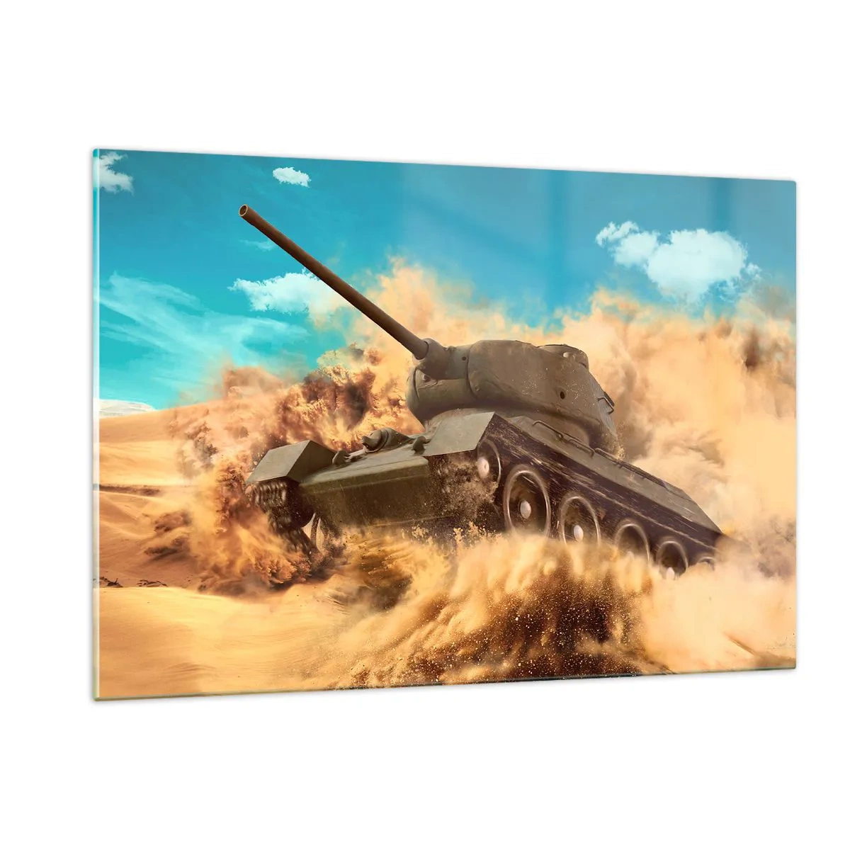 Quadro su vetro - Un carro armato in movimento in un deserto con polvere che vola e un cielo luminoso - 120x80cm - Imbattibile - Decorazione murale moderna per soggiorno e camera da letto ARTTOR